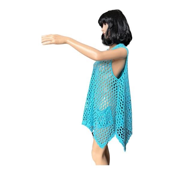 Kaktus sleeveless Tunic Open Weave Crochet Lagenlook Boho in blue size large - Picture 5 of 12